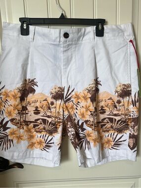 White Floral Print Flat Front Men’s Shorts